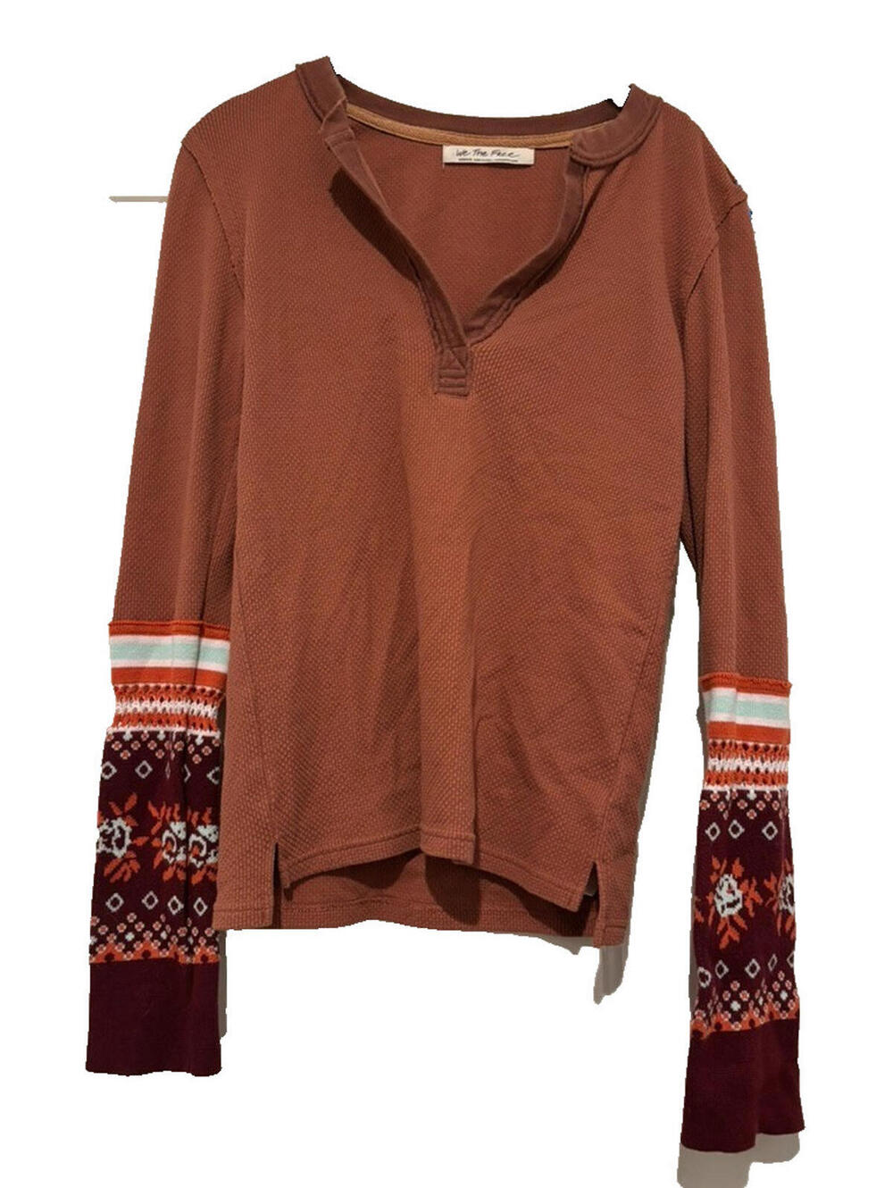 Free People sz S henley decorative arms crochet brown #3027 missing size tag